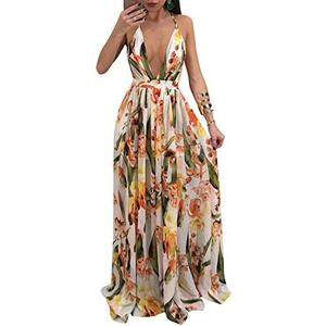 Remelon Womens Sexy Spaghetti Strap Deep V Neck Floral Boho Criss Cross Backless Chiffon Beach Party Long Maxi Dress, Medium