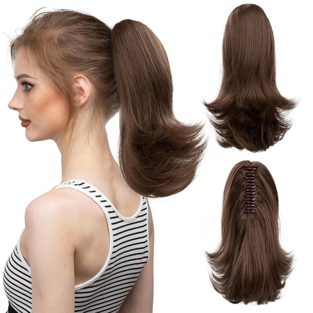 CJL HAIR Claw Clip Ponytail Extension Brown Drawsting Fake Short Faux Wavy Curly 12" Synthetic Hairpiece Hair Piece Ponytails for Womens