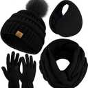URATOT Winter Warm Sets Knitted Scarf Beanie Pompom Hat Touch Screen Gloves and Winter Ear Warmer Set for Men or Women (Black)