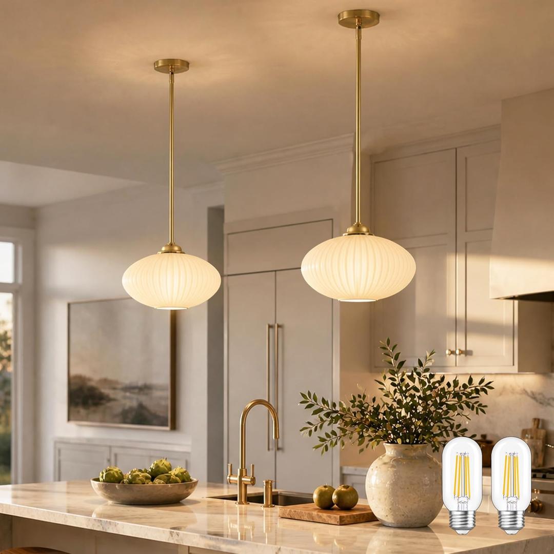 10" Mid Century Modern Pendant Light 2 Pack Milk Vintage Pendant Lights Kitchen Island Ribbed Glass Pendant Light Adjustable Hanging Pendant Light for Dining Room Bedroom (Bulb Included)