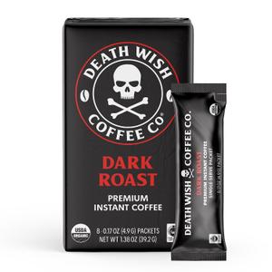 Death Wish Coffee Instant Dark Roast Coffee Packets, Bold & Intense Blend of Arabica & Robusta Beans, USDA Organic, 5 Count (EXP 02/19/29)