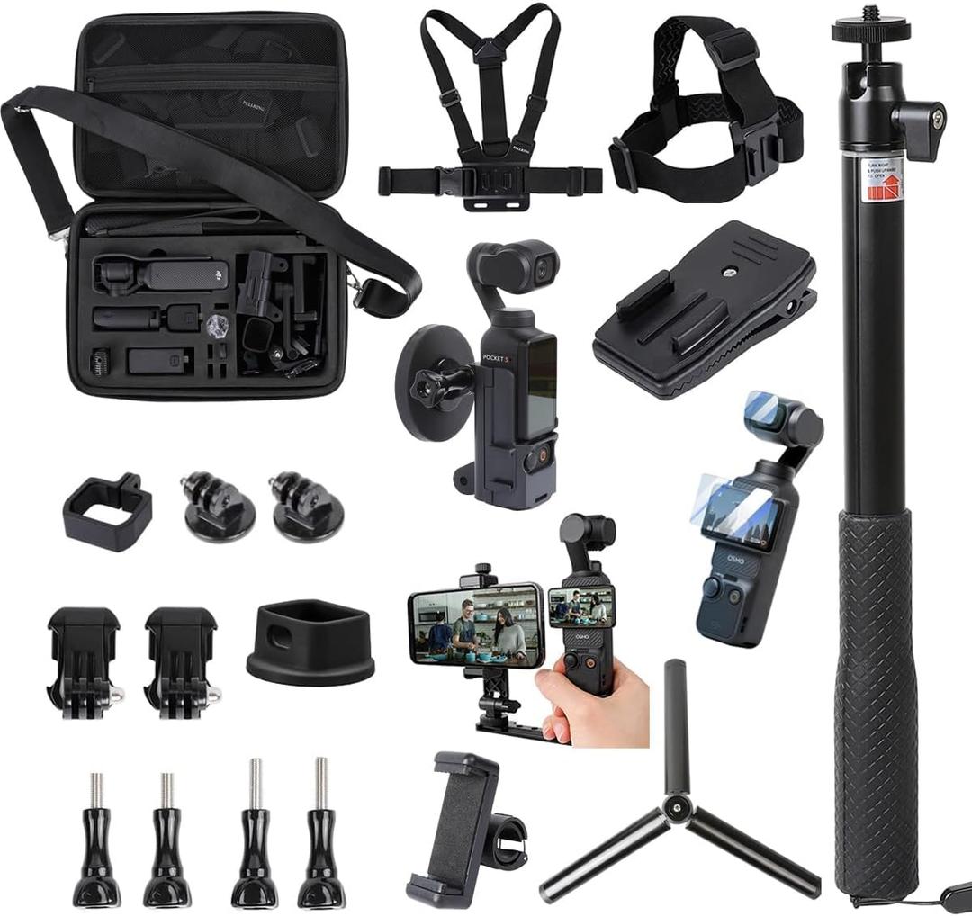 PellKing 21 in 1 Accessories Kit for OSMO Pocket 3,Including Hard Shell case,Magnetic Mount,Desktop Base Mount,Selfie Stick,Tripod,Chest Mount,Mobile Phone Holder,Screen Protector,Backpack Clip