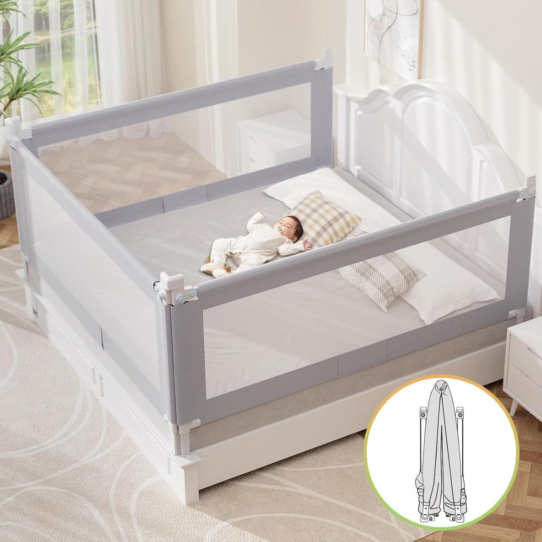 Bed Guard Rail for Toddlers - 1 Minute Quick Assembly & Double Side Lift with Safety Child Lock - Adjustable Height Baby Bed Rails for Queen King Full Size Bed(3 Packs, 78.74×78.74×74.8")
