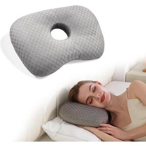 Ear Piercing Pillow with Hole for Side Sleepers for CNH and Ear Pain Inflammation Pressure Sores, Cotton and Polyester Adjustable Filling and Washable Ear Guard Pillow (Light Gray Silk)