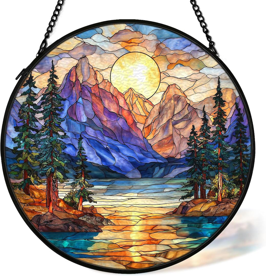 Mountain Forest Sunrise Suncatcher Stained Glass Window Hanging Decor, Camping Nature Landscape Stained Glass Wall Decor, Mountain Garden Sun Catchers Indoor Window Hanging Wall Art, 7.9x7.9In