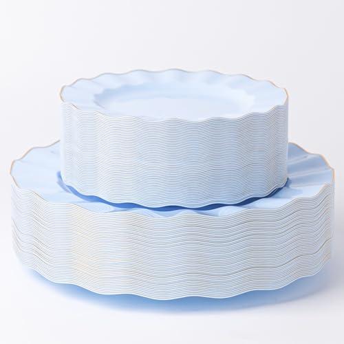 HIGH END 100 Pcs Blue Wave Plastic Plates with Gold Trim, Fancy Disposable Plate Sets Include 50 Dinner & 50 Dessert Plastic Plates, Elegant Disposable Plate Set For Party, Thanksgiving (50 Guests)