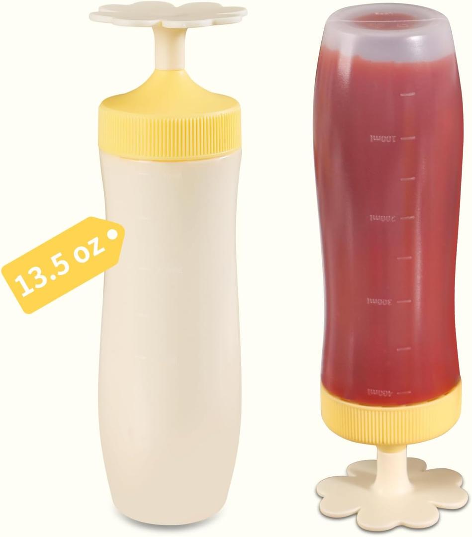 Inverted Condiment Squeeze Bottles, 13.5 oz Empty Sauce Containers, Leak-Proof Reusable Squirt Bottle with Scale for Mustard for Ketchup Mustard Syrup Sauces Dressing Oil, BPA FREE Plastic - 2 PACK