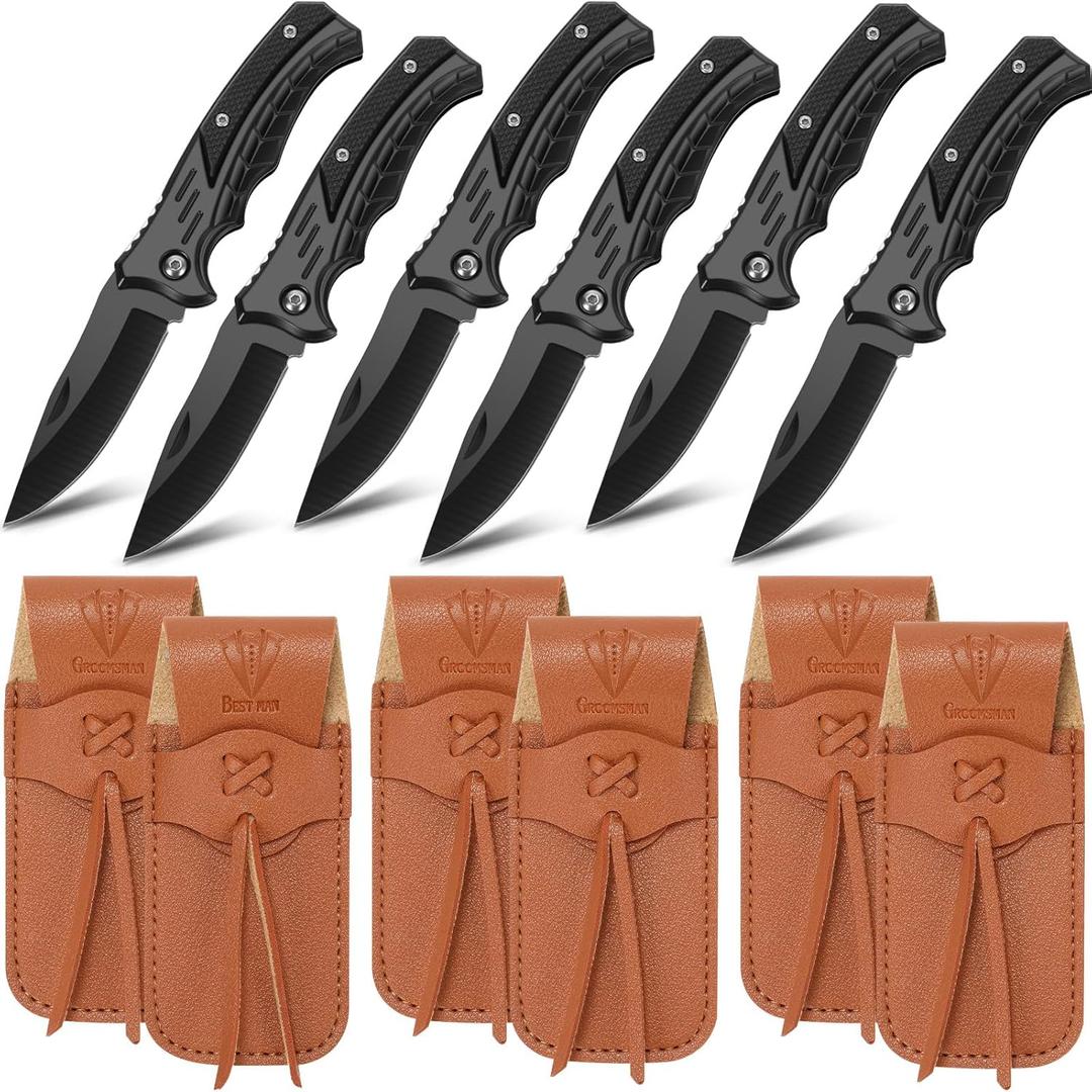 Abbylike 6 Set Man Pocket Knife Gift for Men Gifts Personalized Pocket Knife with Leather Sheaths Mini Folding Knives Proposal Gifts for Christmas Wedding Party Favors(Classic)