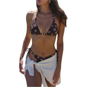 GORGLITTER Women's Y2k Floral Beaded Bikini Sets High Cut Triangle Halter Beach Swimsuits Low Rise Tie Side Bathing Suit (Brown, S)