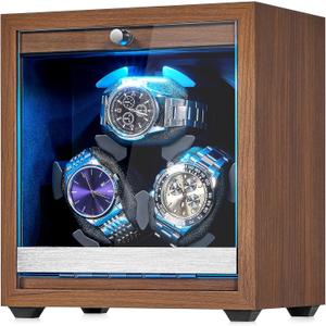 ANWBROAD Watch Winder for Automatic Watches, Wooden 3 Watch Winders, 4 Modes Automatic Watch Winder Box with Quiet Japan Motor, LED Watch Spinner with Foam Pillows, AC Adapter for Man UJWW013M
