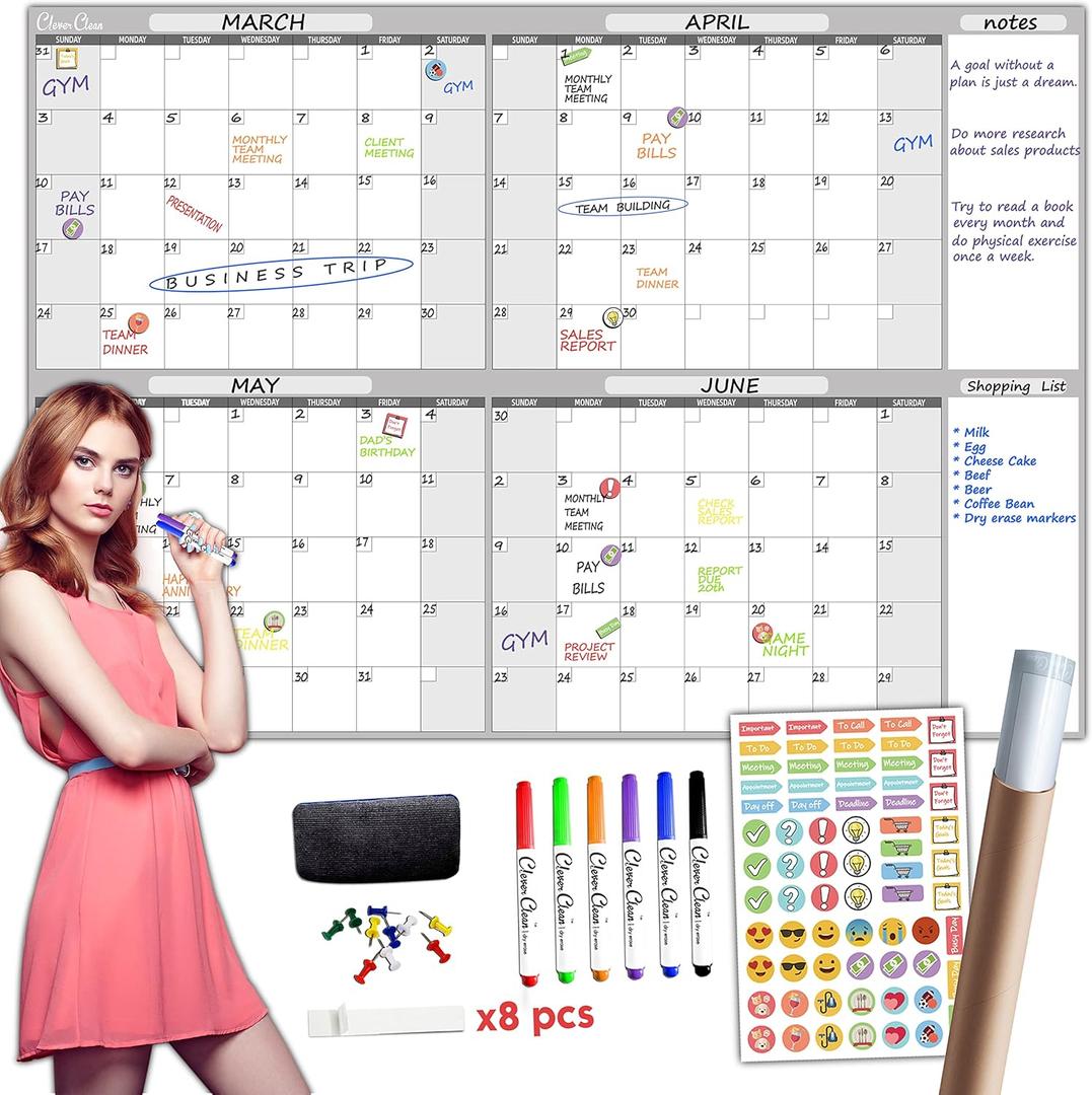 Large Dry Erase Wall Calendar - 36" x 52" Undated 4-Month Calendar for Home, Office, School - Reusable Jumbo Laminated Task Organizer (grey)
