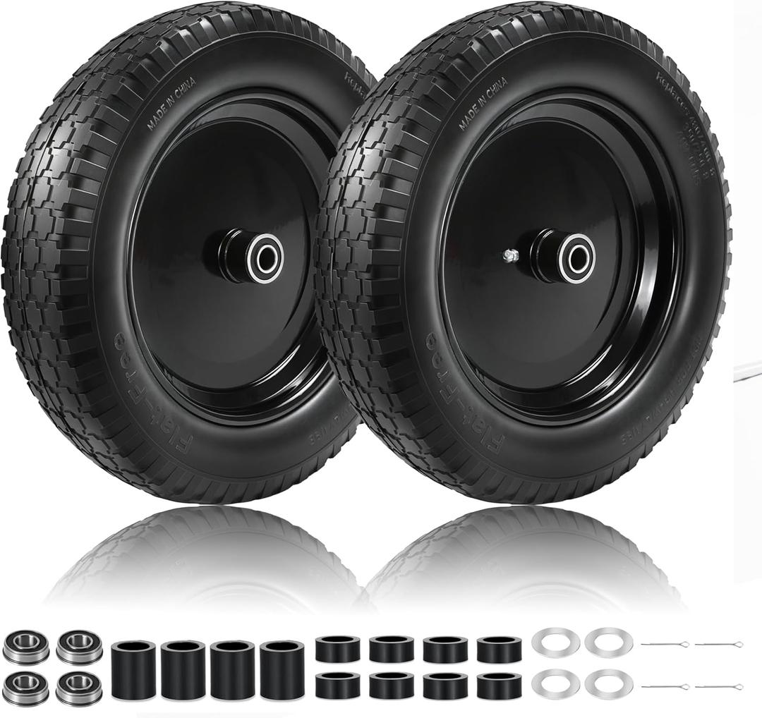 2 Pcs 14.5" Solid Wheelbarrow Tire, 4.80/4.00-8 Flat Free Tire and Wheel, 3"-7" Centered Hub, 5/8" & 3/4" Bearings, Universal Fit for 4.80/4.00-8, 3.50/2.50-8, 4.00-6, 4.00-8 Wheelbarrow Tires