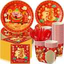 Domensi 180 Pcs Chinese New Year Party Supplies 2026 Plates Napkins Cups Serve 30 Happy New Year Party Disposable Paper Dinner Dessert Plates Lunar Years Paper Napkins Cups Plastic Cutlery Set(Funny)
