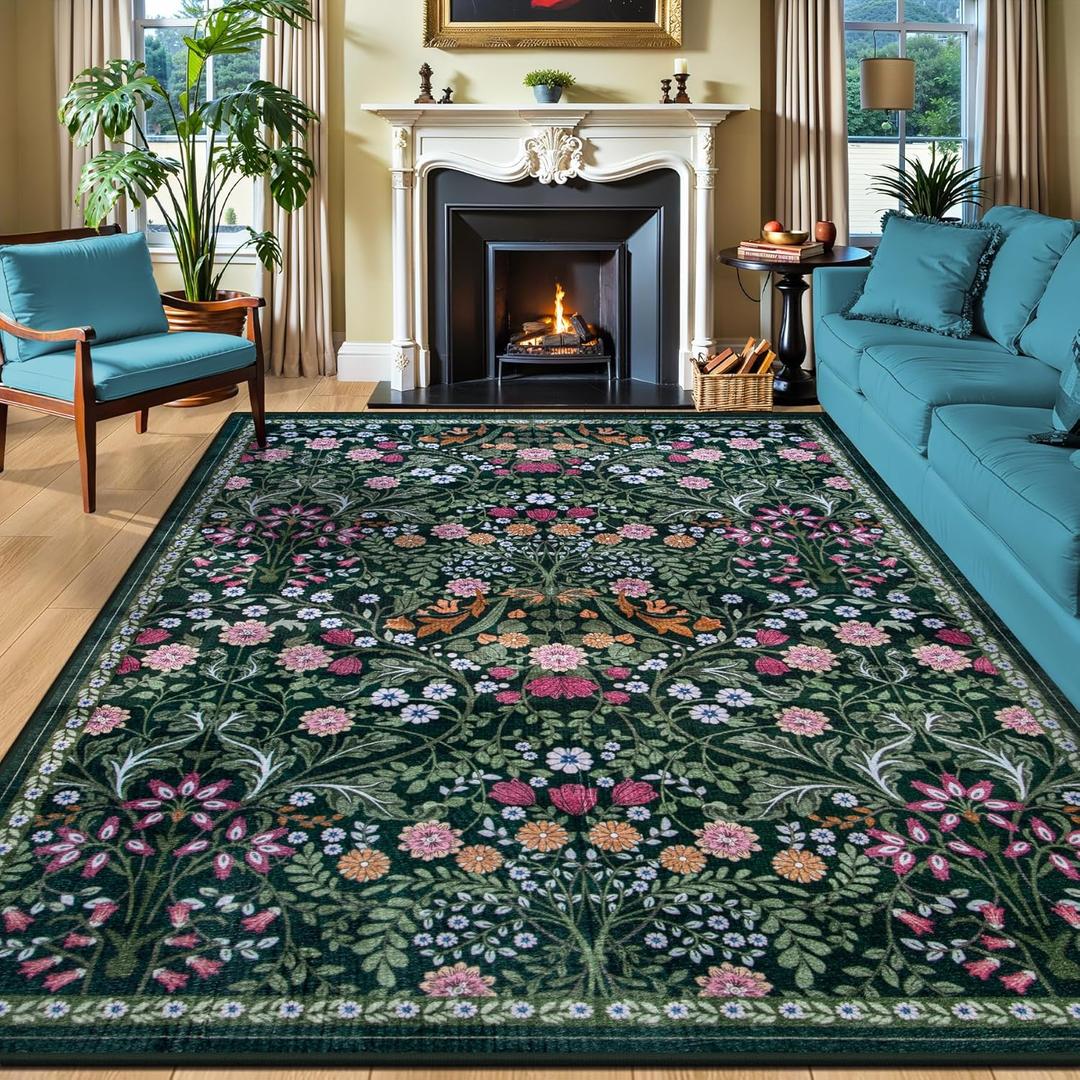 8x10 Area Rug Living Room: Floral Washable Boho Carpet Dark Green
For Bedroom Dining Room Farmhouse Nursery Hallway,Vintage Floral,Machine washable,Non Slip,Stain Resistant,Large Indoor