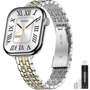 MioHHR Slim Metal Bands Compatible with Apple Watch Bands for Women 38mm 40mm 41mm 42mm (Series 11 10), Stainless Steel Strap Bands for iWatch Series 11 10 9 8 7 6 5 4 3 2 1 SE3/2/1, Silver/Gold
