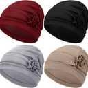 Geyoga 4 Pcs Chemo Turban Headwear for Women Soft Slouchy Cancer Headwear Elastic Sleep Cap with Flower Design, One Size