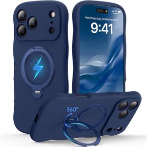 360 Spin Silicone Stand Cover for iPhone 17 Pro Case [Cute Wavy & Full Camera Protection] Fit for MagSafe Shockproof Women Girl Phone Case for iPhone 17 Pro 6.3", Midnight Blue