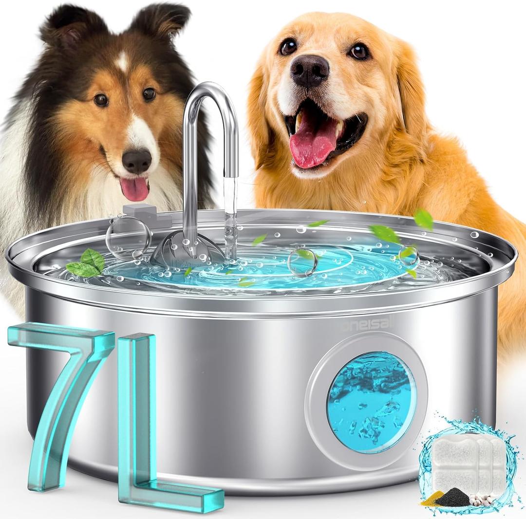 Oneisall Dog Water Fountain, 7L/230oz/1.8G Quiet Dog Fountain Water Bowl, Stainless Steel Dog Water Fountain with Visual Water Level&Triple Filtration for Large Medium Small Breed Dogs Pets