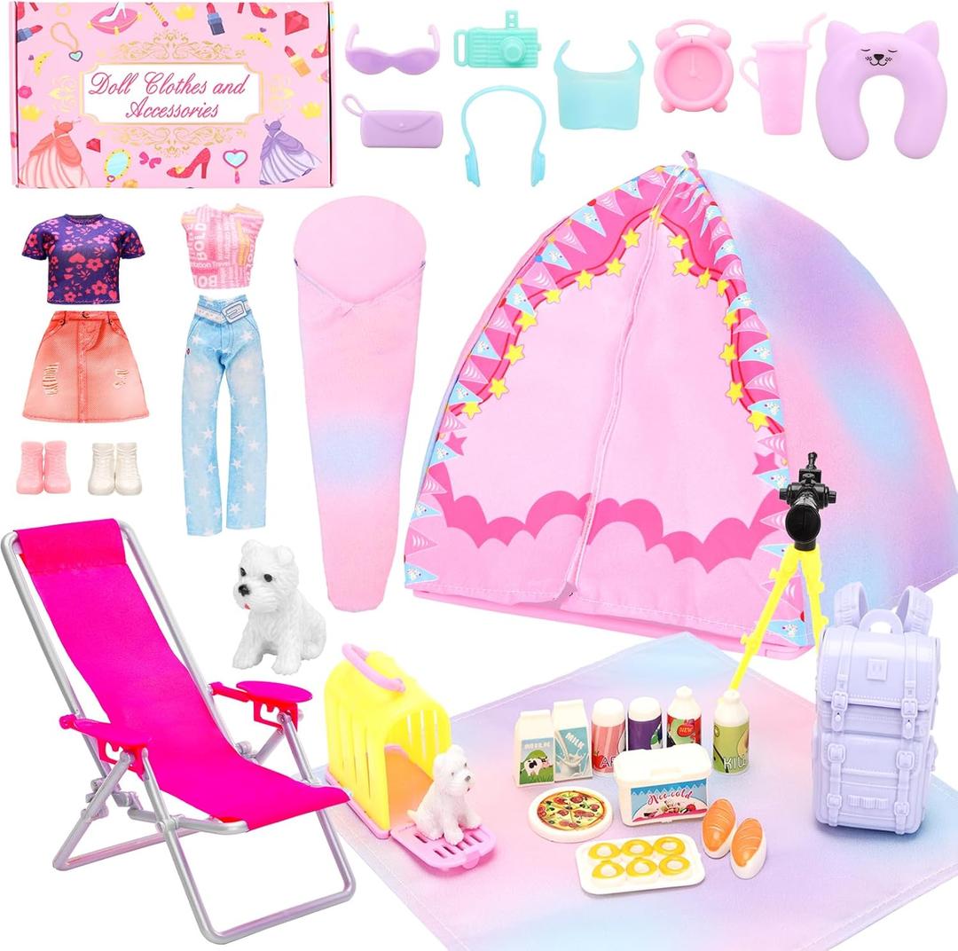 34 PCS Girl Doll Travel Camping Tent Set Includes Clothes, Food, Telescope, Tent, Sleeping Bag, Backpack, Chair, Shoes and Other Camping Accessories for 11.5 Inch Dolls NO Doll