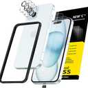 NEW'C 3x for iPhone 15 Screen Protector (6.1 inches)+ 3x Camera Lens Protector, Sensor Protection, Case Friendly Tempered Glass Film + Dust Plug- Easy installation tool include (Transparent)
