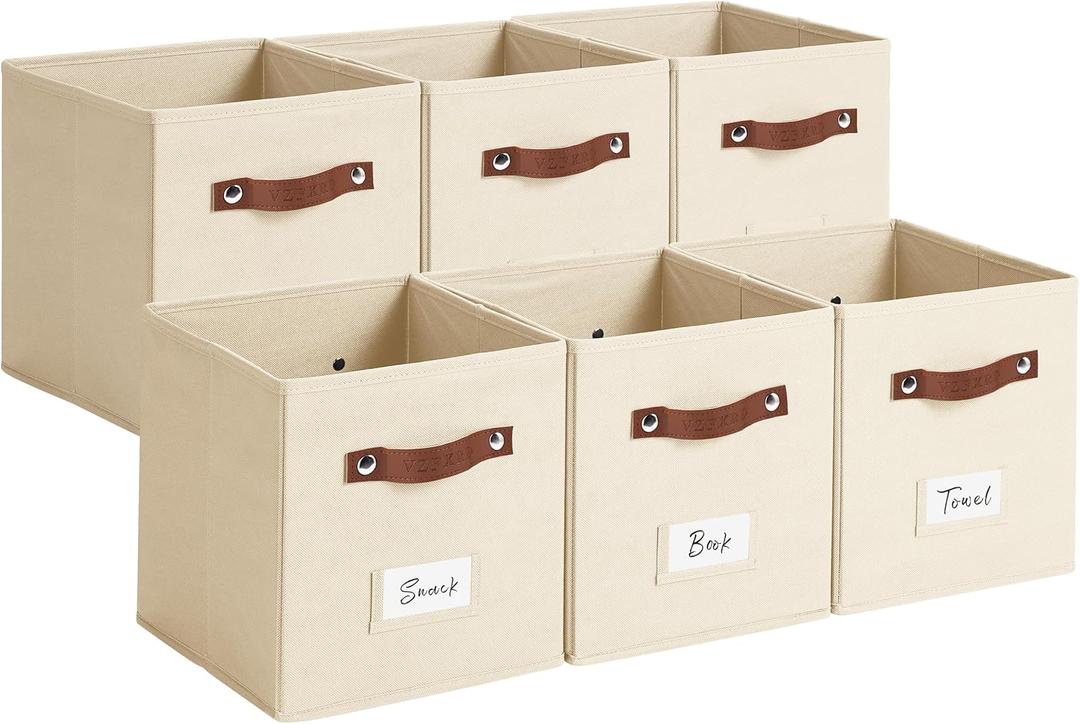 10.5 Inch Collapsible Storage Cubes with Labels, 6-Pack Non-Woven Fabric Bins with Handles, Foldable Organizer for Closet, Shelf, Bedroom, Nursery & Home Organization (Beige)