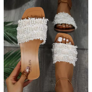 Fashion White Sandals For Women, Faux Pearl Decor Slide Sandals Valentines, Size 41