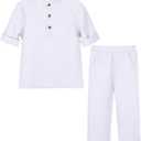 Boys 2 Piece Outfit Kids Summer Clothes for Teen Boy Button Down Shirt and Pants Set (11 Years, White)