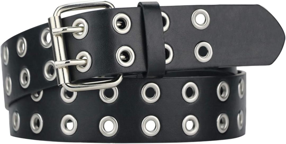 Grommet Leather Belts for Women, Black Belt Women Men with Double Holes (Fit for waist up to 45")