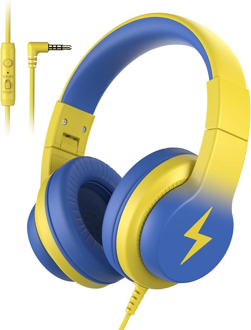 Kids Headphones, Wired Headphones for Kids Over Ear with Microphone, 85/94dB Volume Limiter Headphone for Girls Boys, Foldable Headphone for Learning & Entertainment, Light Yellow