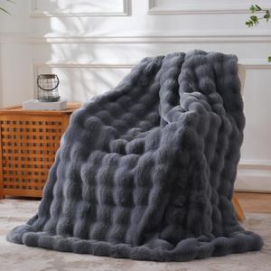 Faux Fur Throw Blanket for Couch - Thickened Fluffy Soft Bubble Blanket for Living Room Home Decor - Fathers Day Birthday Gifts for Women Men, Grey, 50" x 60", 1300GSM