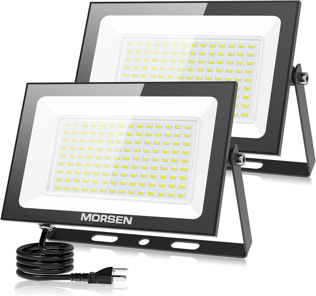 MORSEN 100W Flood Lights Outdoor, 18000lm Bright LED Work Light with Plug, 6500K Daylight White LED Flood Lighting, IP66 Waterproof Security Yard Lights for Yard Garage Stadium 2 Pack