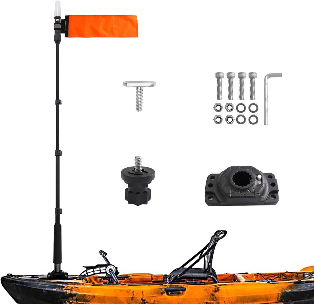 360 Degree Kayak LED Lights with Retractable Pole and Orange Visibility Flag, Waterproof Navigation LED Light for Night Kayaking Fishing Paddling, Kayak Accessories