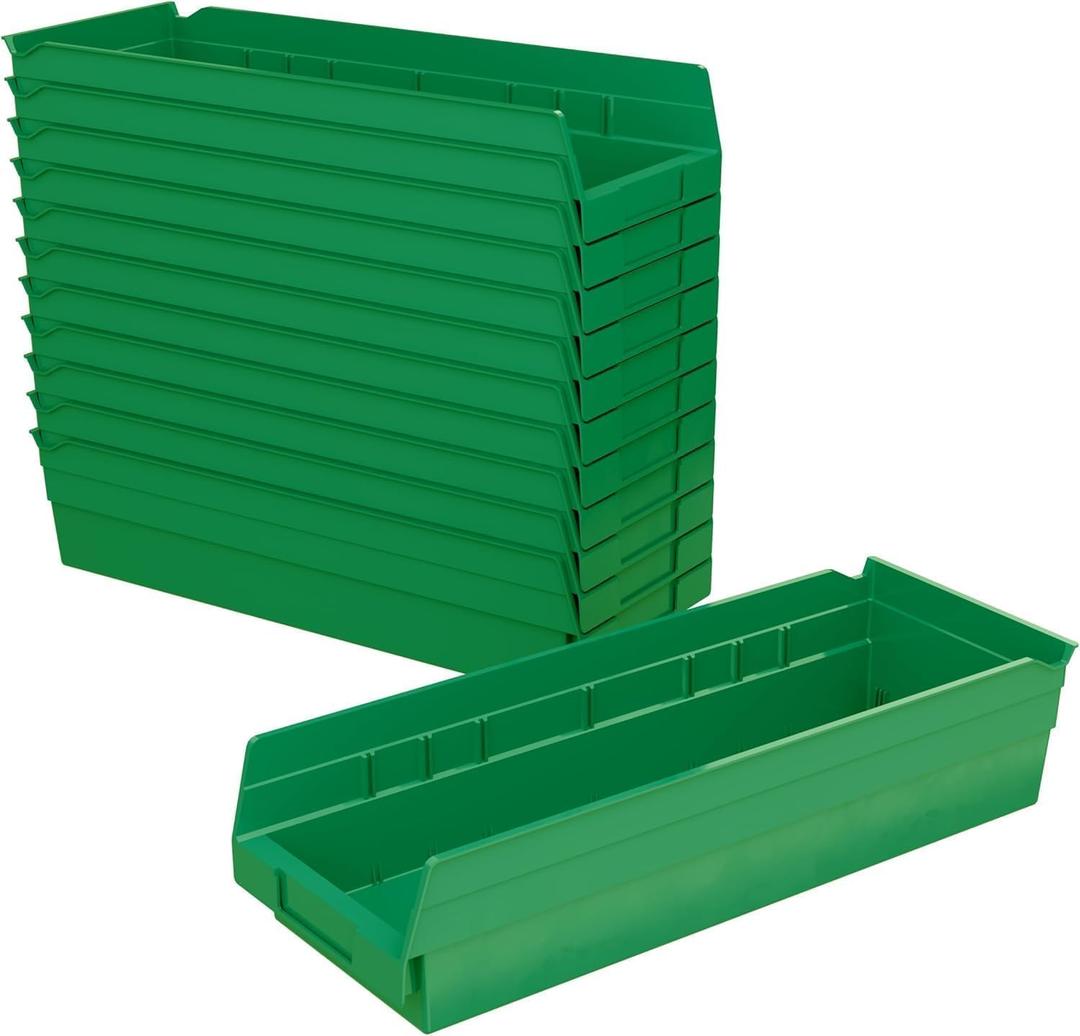 Akro-Mils 30138 Plastic Shelf Bins, Heavy Duty Storage Bins for Garage, Closet, and Drawer Organization, 18" x 6-1/2" x 4", Green, 12-Pack