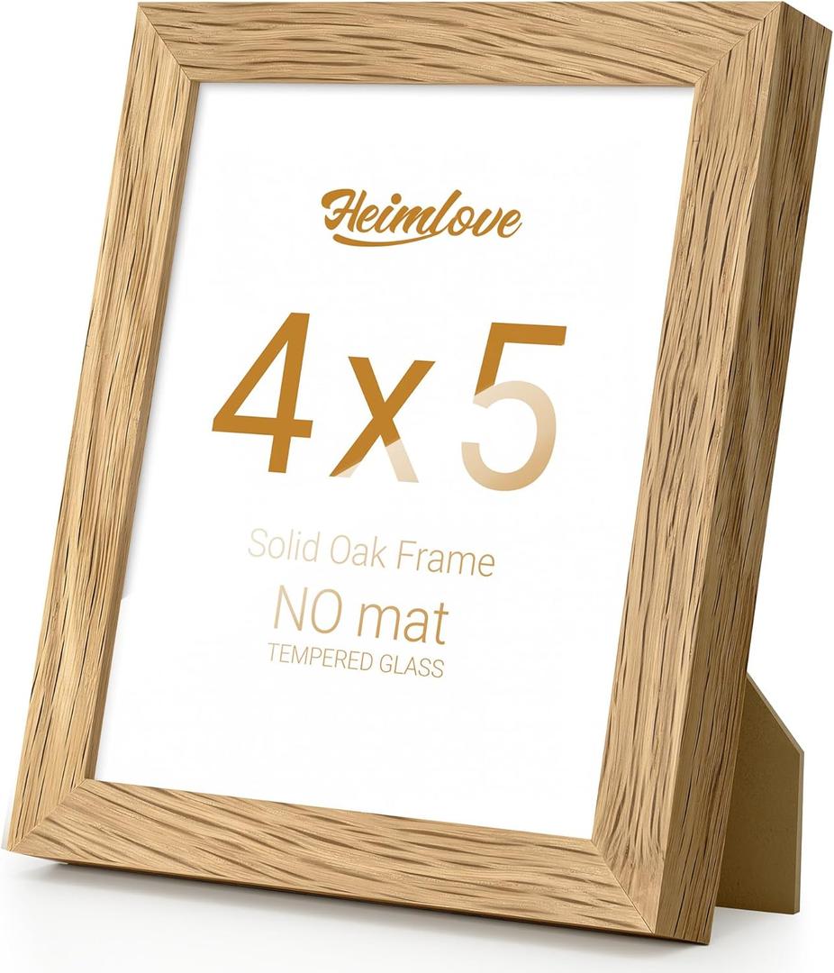 Heimlove 4x5 Picture Frame Solid Oak Wood,4"x5" Frames for Wall Hanging or Tabletop,Photo Frames 4 x 5 Natural with No Mat,Tempered Glass,Wall Kit,Natural Oak Color