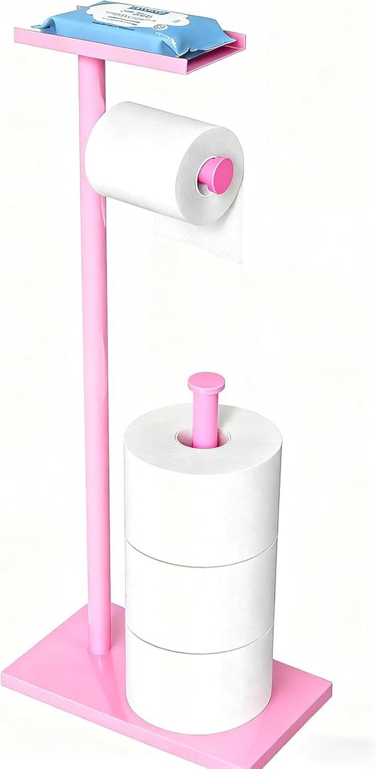CISILY Pink Toilet Paper Holder Stand with Phone Shelf, Bathroom Toliet Decor Decoration. Tissue Paper Roll Holder Free Standing Storage Decor Accesories (Long)