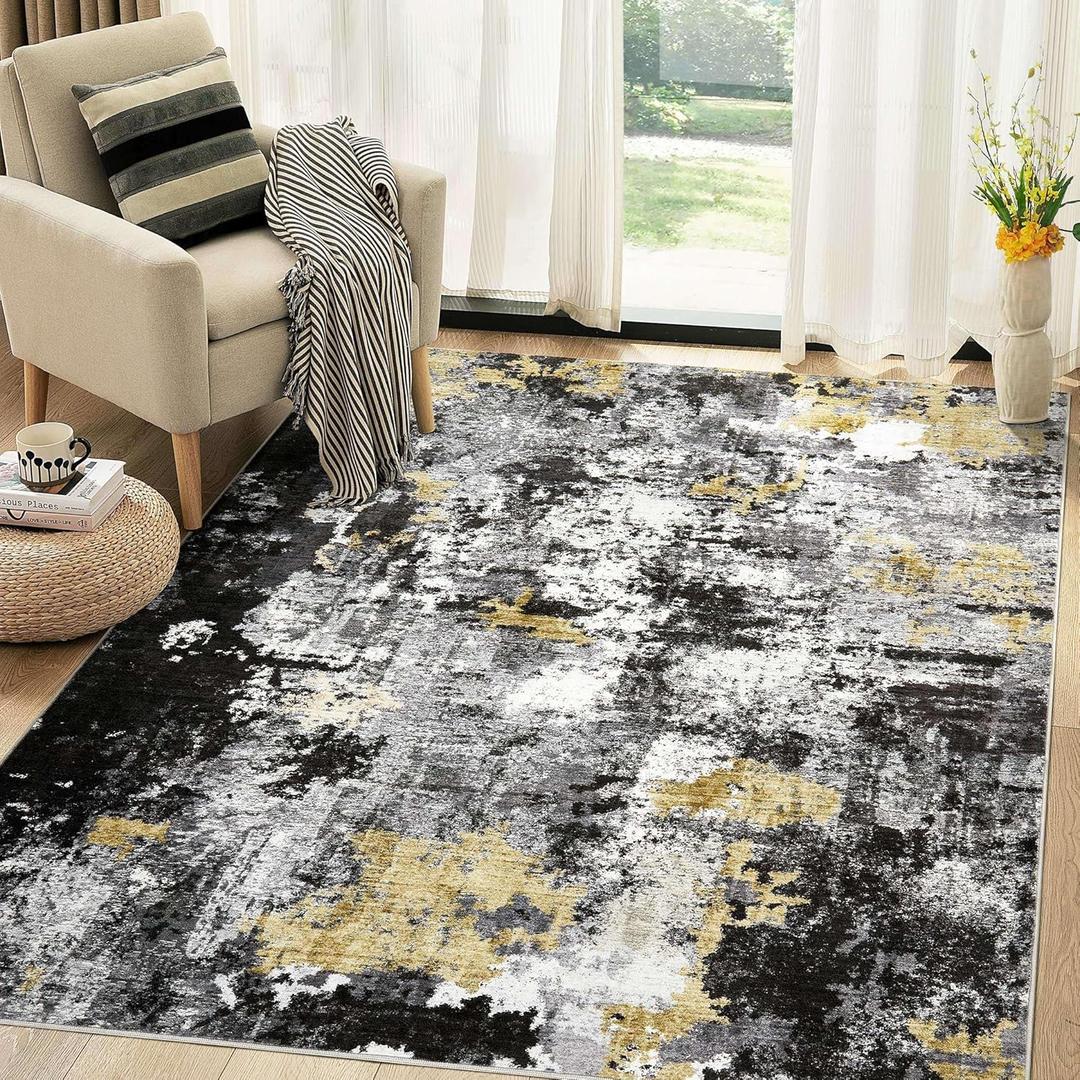 Washable Rug 5x7 Area Rugs for Living Room: Modern Abstract Neutral Soft Carpet for Bedroom Dining Room Under Kitchen Table Home Office Decor - Black Glod