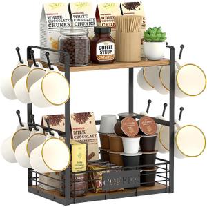 Coffee Mug Rack with 12 Hooks, 2-Tier Coffee Cup Holder with Shelf and Storage Basket, Kitchen Mug Organizer for Bar Kitchen Dco