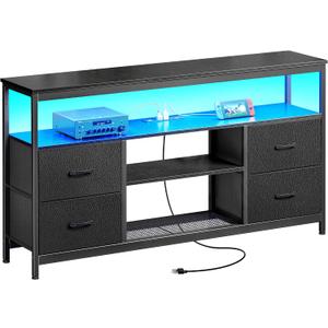 Huuger TV Stand Dresser with Power Outlets and LED Lights, 4 Drawers Entertainment Center with Shelf, 54 Inch Media Console for 55 60 Inch TV, 4 AC Outlets, 2 USBs, Dresser with PU Finish, Black