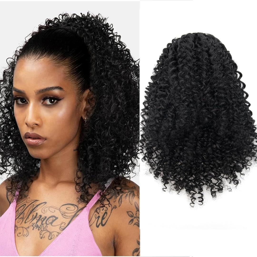 Drawstring Ponytail Extension Kinky Curly Ponytail Hair for Women Fluffy Short Afro Curly Pony Tails Hair Extensions Synthetic Hairpiece for Daily Use 12 Inch