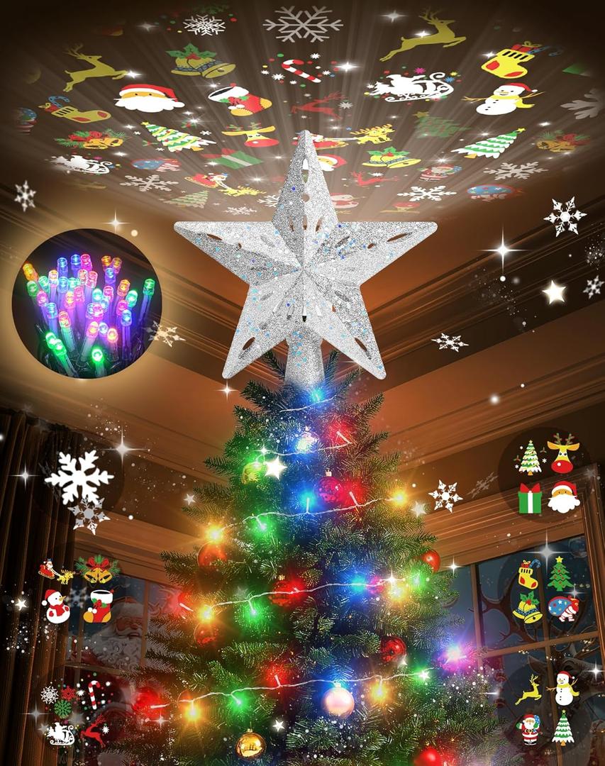 Christmas Tree Topper with 32.8FT Color Light Cord and 6 Projection Modes, Christmas Star Tree Topper Built-in LED Rotating Projector Lights, 3D Glitter Christmas Tree Decorations (Silver)