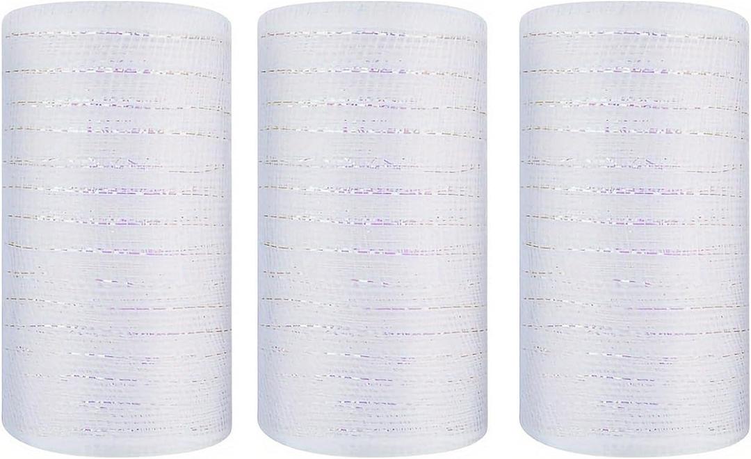 3 Rolls White Deco Mesh Ribbon, 6 Inch x 30FT Per Roll Metallic Foil Burlap Deco Mesh Fabric for Christmas Tree Valentines Day Easter Wedding Wreath Swags Bow Making DIY Craft