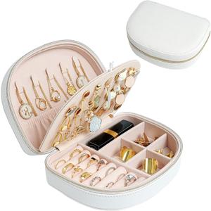 ProCase Travel Size Jewelry Box, Medium Portable Seashell-Shaped Jewelry Case, 2 Layer Mini Jewelry Organizer in PU Leather for Women -White (Medium - No Mirror)