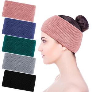 SATINIOR 5 Pieces Women Headbands Knit Elastic Winter Head Wraps Soft Warm Crochet Ear Warmer for Women Wash Face Daily Wear (Black, Royal Blue, Pink, Peacock Blue, Gray)