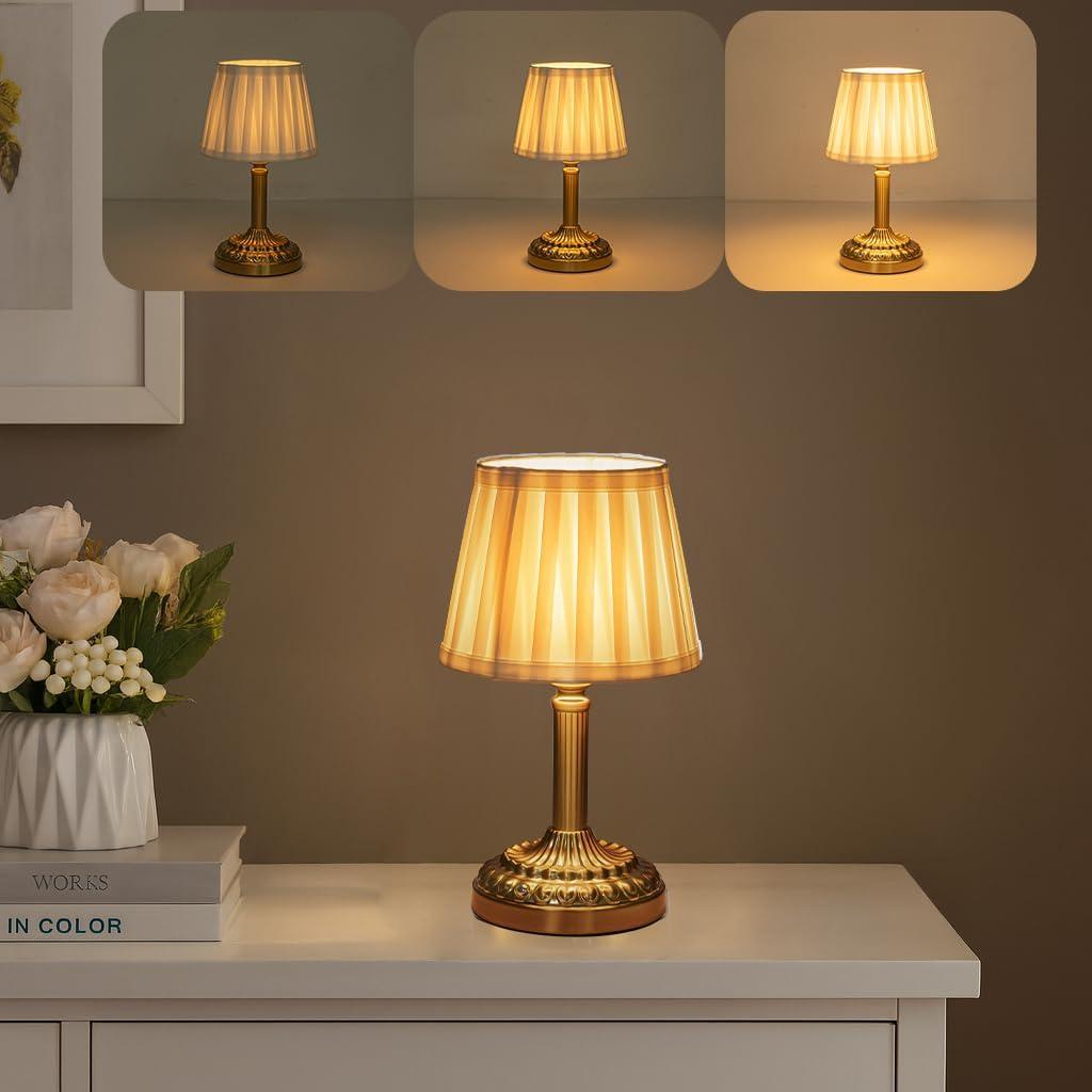 3 Way Dimmable Touch Control Cordless Table Lamp with Pleated Fabric Shade Glam Rechargeable Bedside Nightstand Lamp Small LED Desk Lamp for Room Decor Dorm Housewarming Gifts