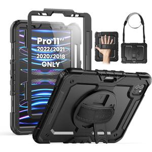 SEYMAC Case for iPad Pro 11 Case 4th/ 3rd/ 2nd/ 1st Gen (2022/2021/2020/2018), Full-Body Shockproof Protective Case with Screen Protector, 360 Rotating Stand and Hand/Shoulder Strap, Black