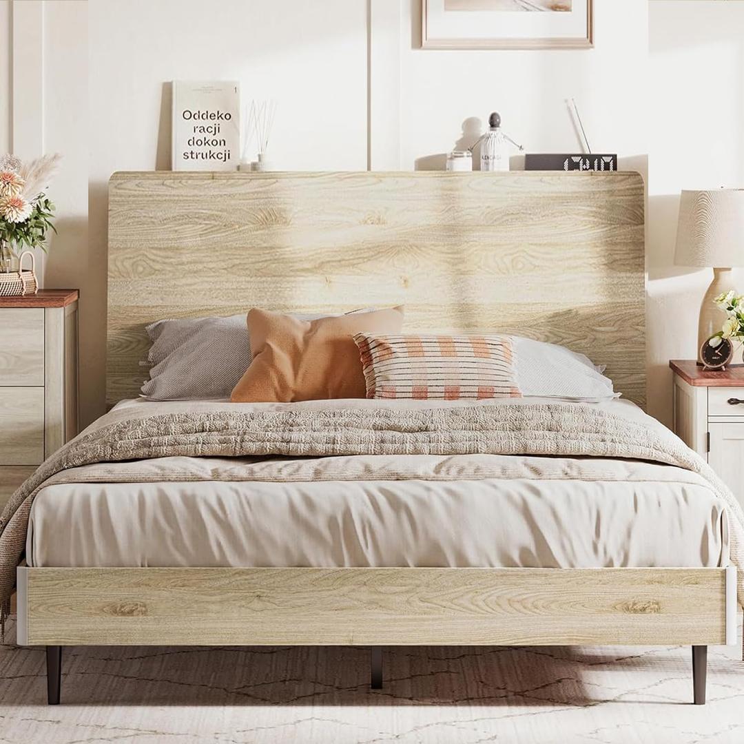 LINSY Full Size Wood Platform Bed Frame with Ergonomic Headboard, Bed Frame Full with Storage Shelf, Noise-Free, No Box Spring Needed - Beige