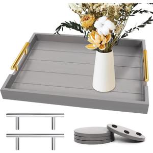 Coffee Table Tray - Large Ottoman Trays for Living Rooms - Wood Serving Tray with 2 Sets of Handles - Wooden Tray for Coffee Table, 4 Round Coasters Included, Gray