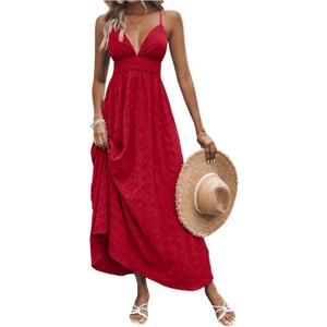 Milumia Women's Summer V Neck Backless Maxi Dress Boho Spaghetti Strap A Line Flowy Beach Long Sundress Red Small