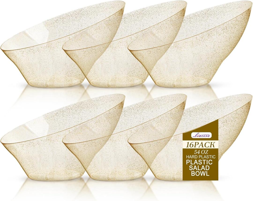 Liacere 16PCS Gold Plastic Serving Bowls - 54 OZ Angled Table Salad and Fruit Bowls Disposable for Chip & Candy - Ideal for Party & New Year