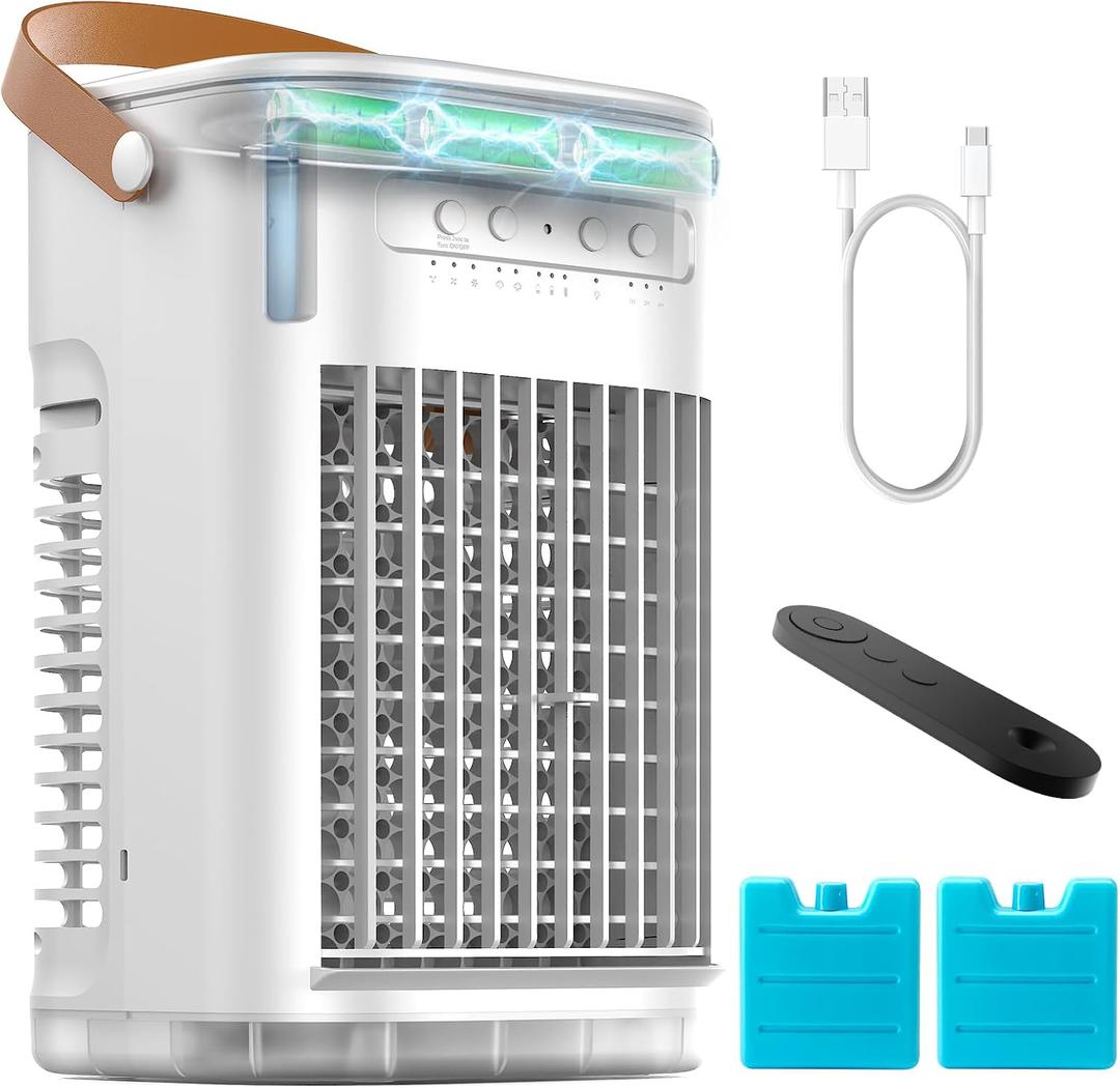 Mini Air Conditioner, Rechargeable Built-in Battery, Portable Evaporative Air Cooler w/Remote, 7H Auto-off, Water Tank & 2 Ice Packs & 2 Sprays, Personal Cooling Fan For DesktopRoom/Outdoor, White